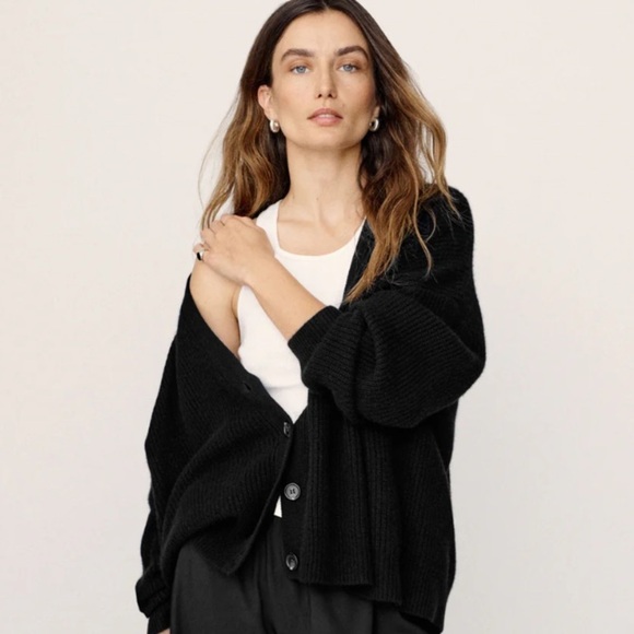 Jenni Kayne Cashmere Cocoon V Neck Button Knit Oversized Cardigan Sweater Black - Picture 2 of 10